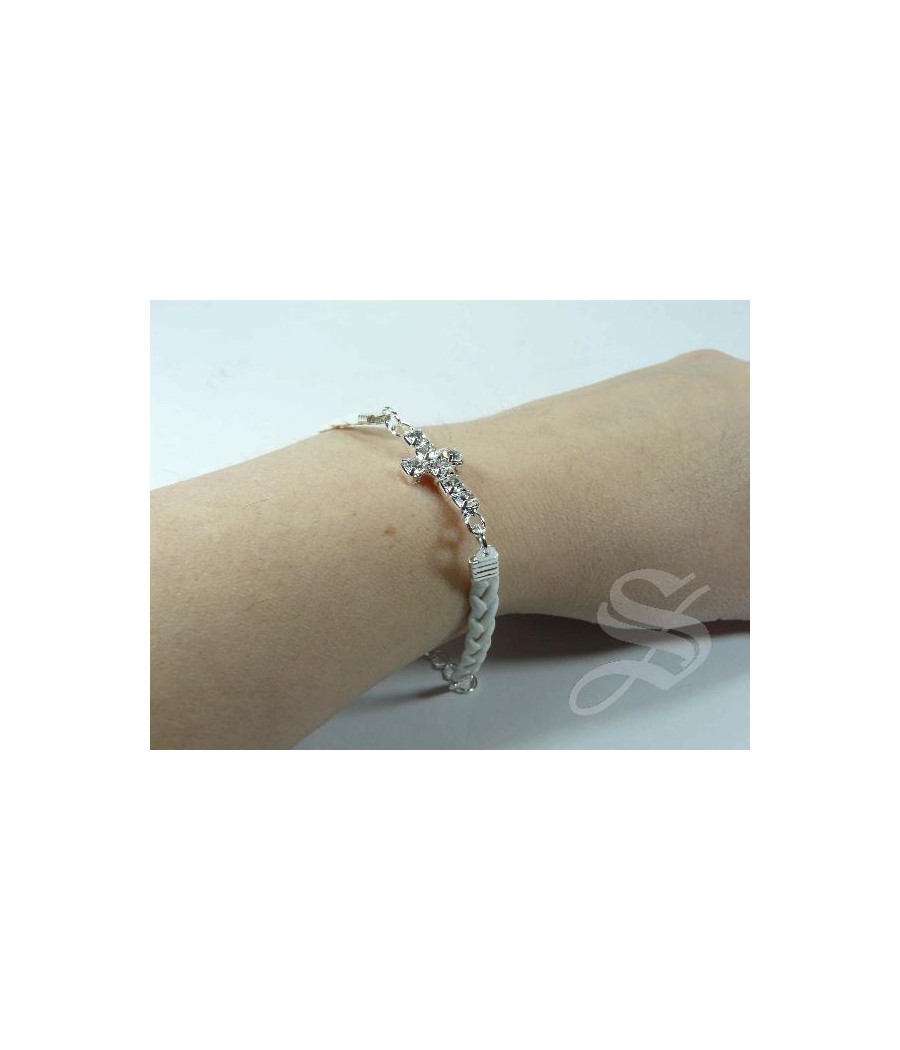 PULSERA BLANCA IMIT. PIEL CRUZ PIEDRAS