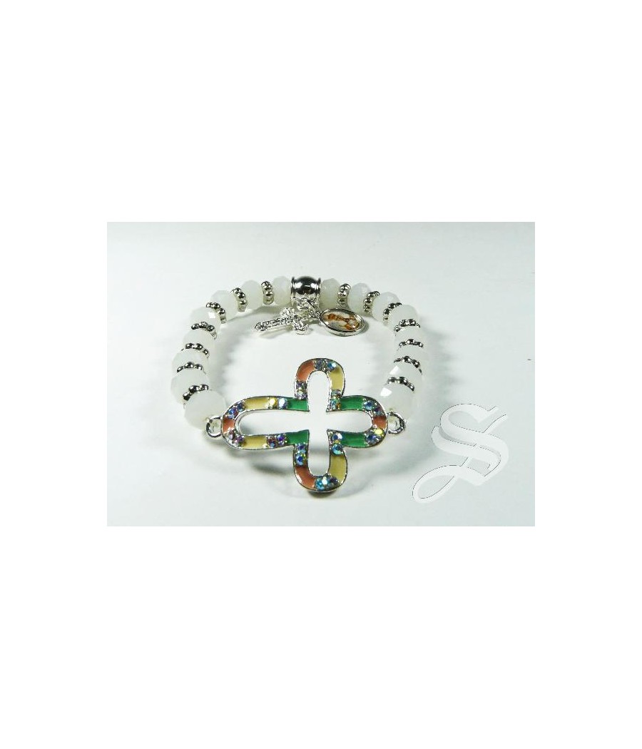 PULSERA CRISTAL BLANCO 8 MM. CON CRUZ ESMALTE Y PIEDRAS ELASTICA