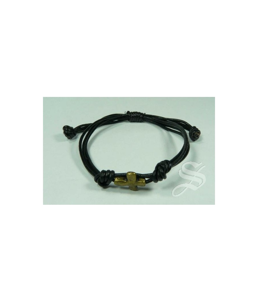 PULSERA CRUZ DORADA CUERO NEGRO