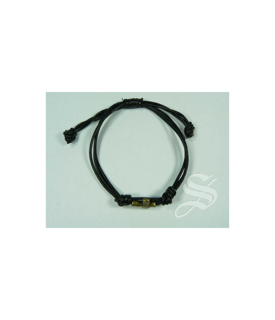 PULSERA CRUZ DORADA CUERO NEGRO