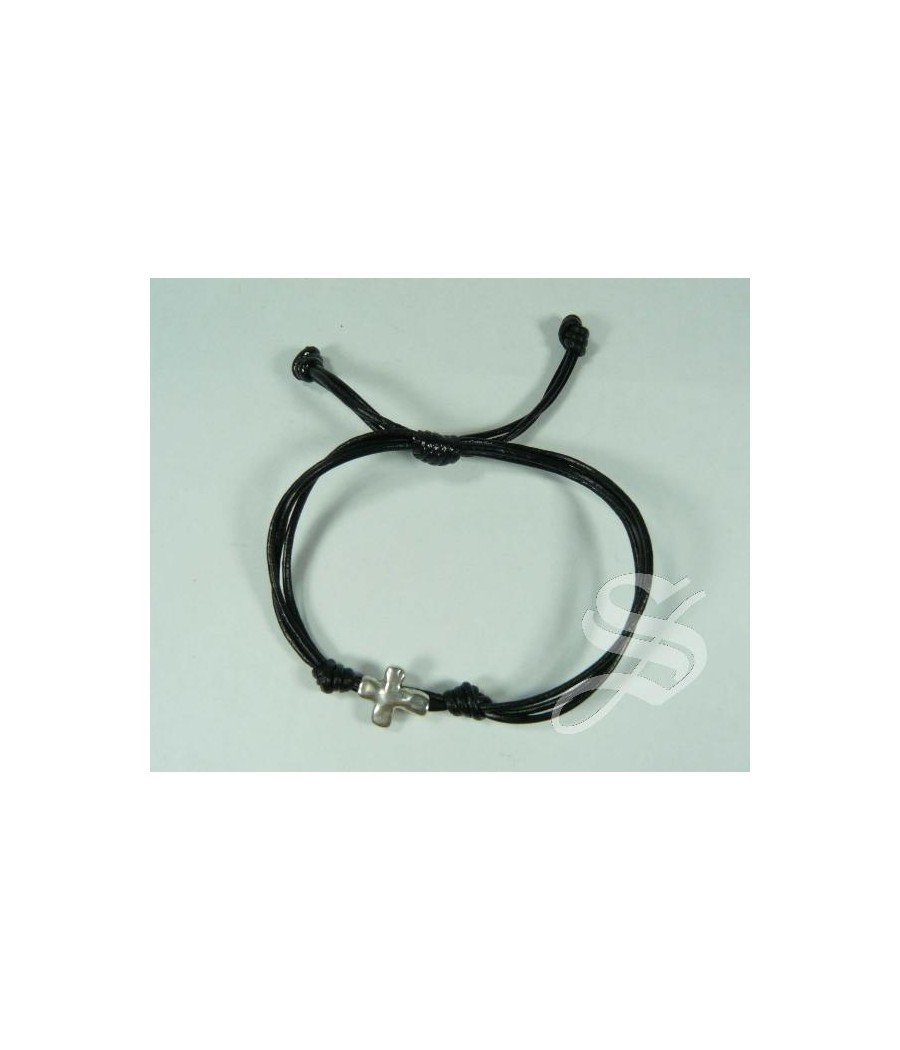 PULSERA CRUZ PLATEADA CUERO NEGRO