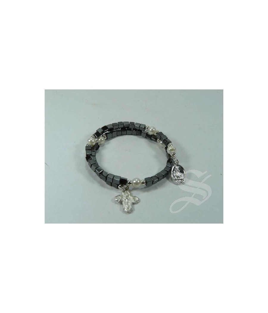 PULSERA CUADRADITOS HEMATITE ESPIRAL CON VIRGEN DEL PRADO