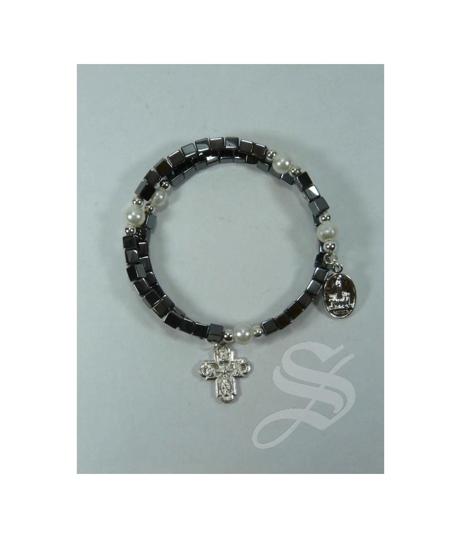 PULSERA CUADRADITOS HEMATITE ESPIRAL CON VIRGEN DEL PRADO