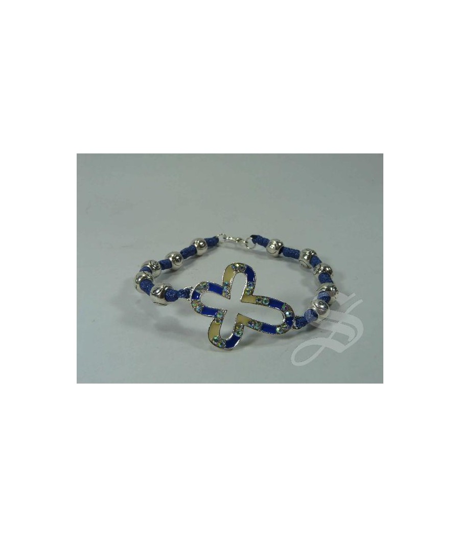 PULSERA CUERDA AZUL CRUZ ESMALTADA CALADA