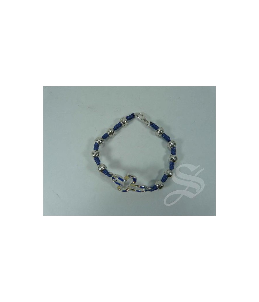 PULSERA CUERDA AZUL CRUZ ESMALTADA CALADA