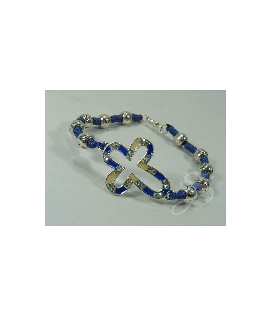 PULSERA CUERDA AZUL CRUZ ESMALTADA CALADA