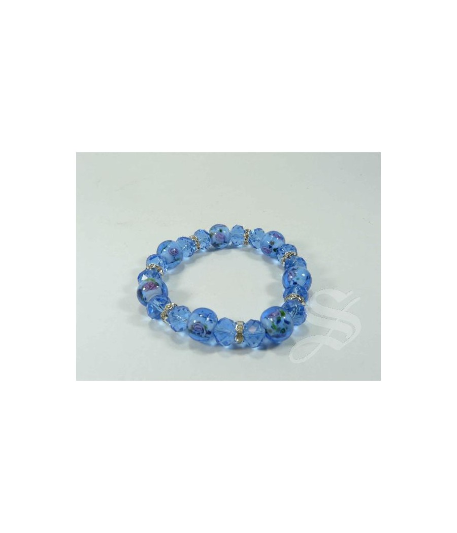 PULSERA ELASTICA MURANO AZUL 10MM. CON VIRGEN DEL PRADO