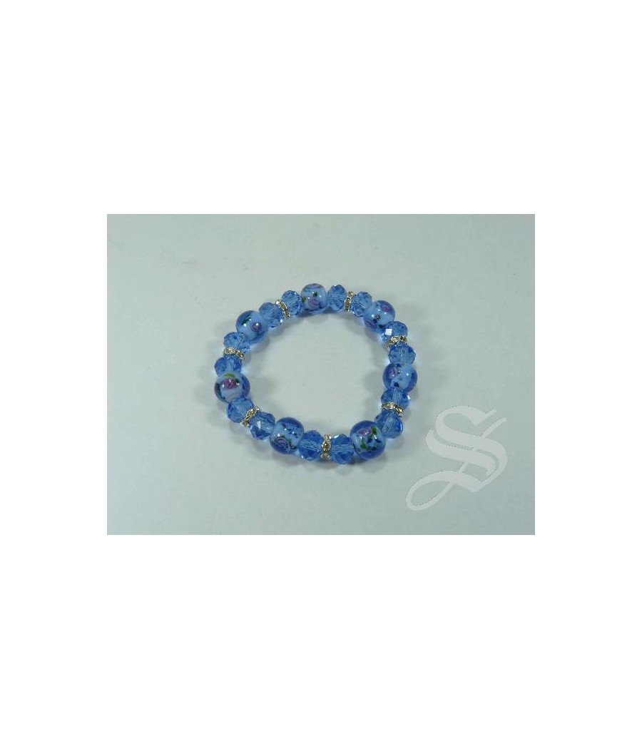 PULSERA ELASTICA MURANO AZUL 10MM. CON VIRGEN DEL PRADO