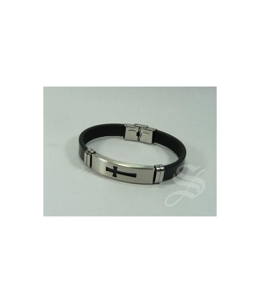 PULSERA HOMBRE CON CRUZ INOZ EN POLIPIEL NEGRO