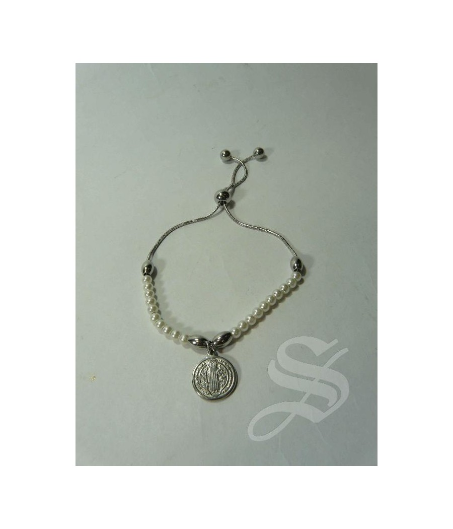 PULSERA MEDALLA SAN BENITO REGULABLE EFECTO PERLA Y METAL