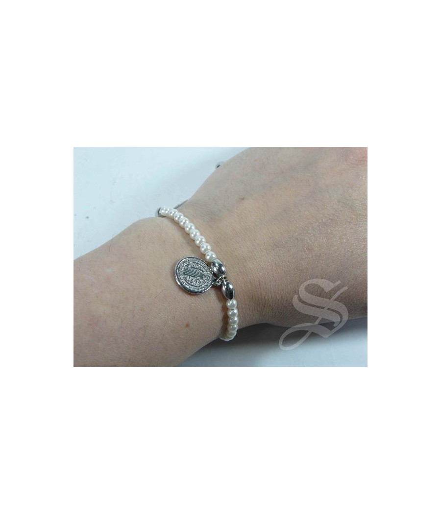 PULSERA MEDALLA SAN BENITO REGULABLE EFECTO PERLA Y METAL