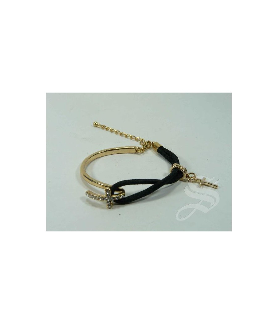 PULSERA NEGRA SEMI-RIGIDA ELASTICA CON CRUZ