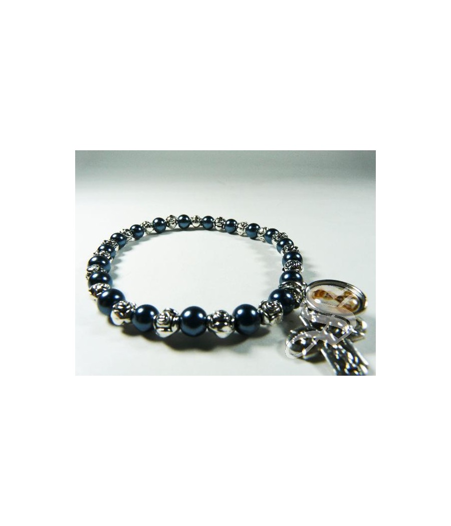 PULSERA PERLA AZUL METALICO 5 MM. ELASTICA