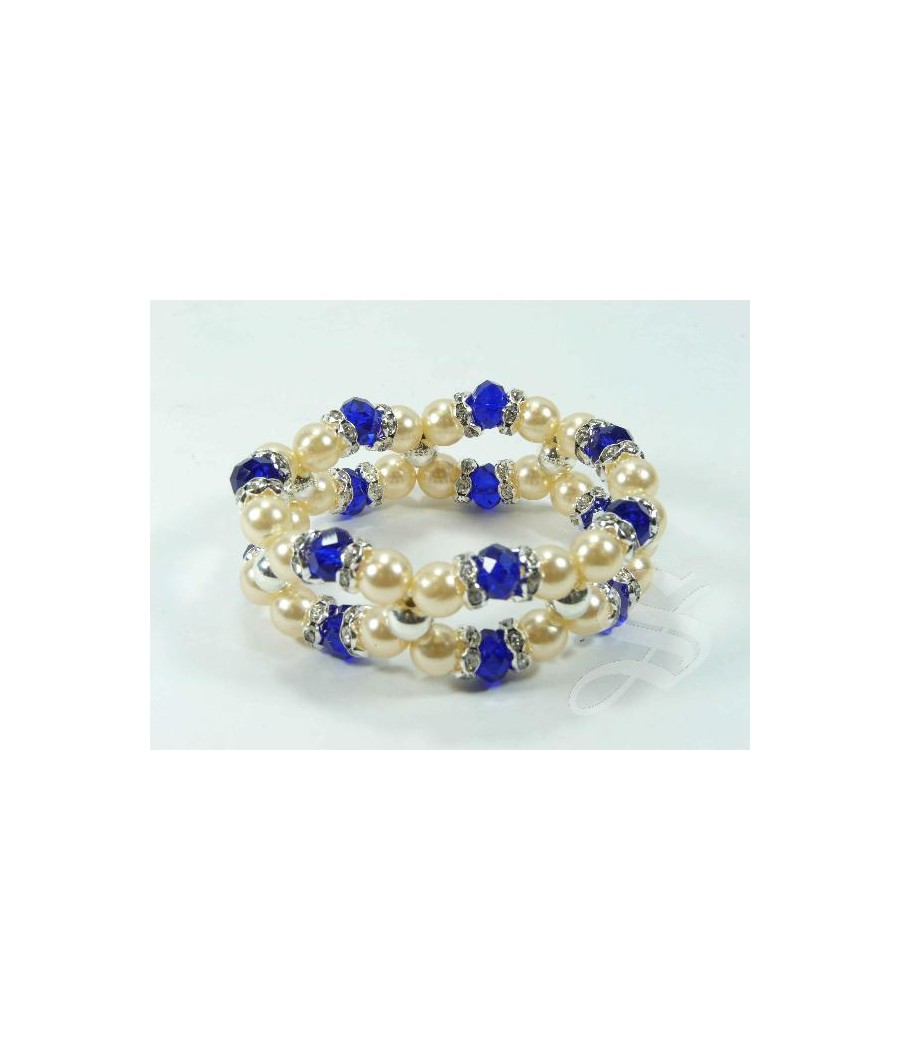 PULSERA PIEDRAS AZULES Y PERLAS DOBLE ELASTICA