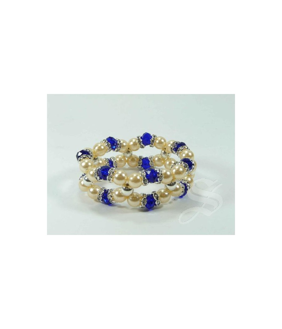 PULSERA PIEDRAS AZULES Y PERLAS DOBLE ELASTICA