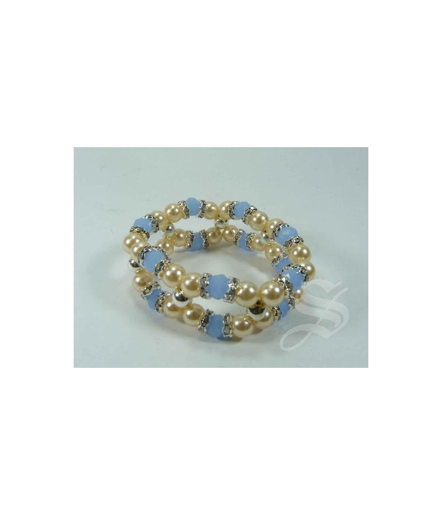 PULSERA PIEDRAS CELESTES Y PERLAS DOBLE ELASTICA