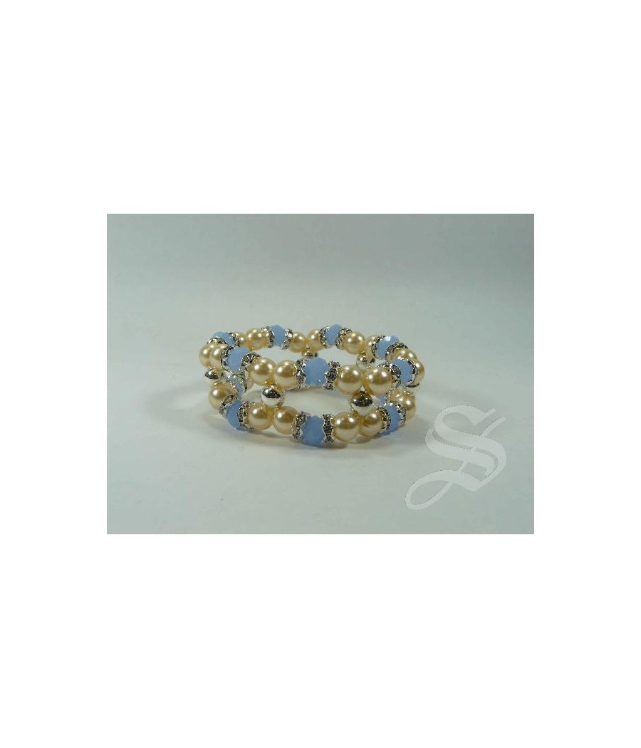 PULSERA PIEDRAS CELESTES Y PERLAS DOBLE ELASTICA