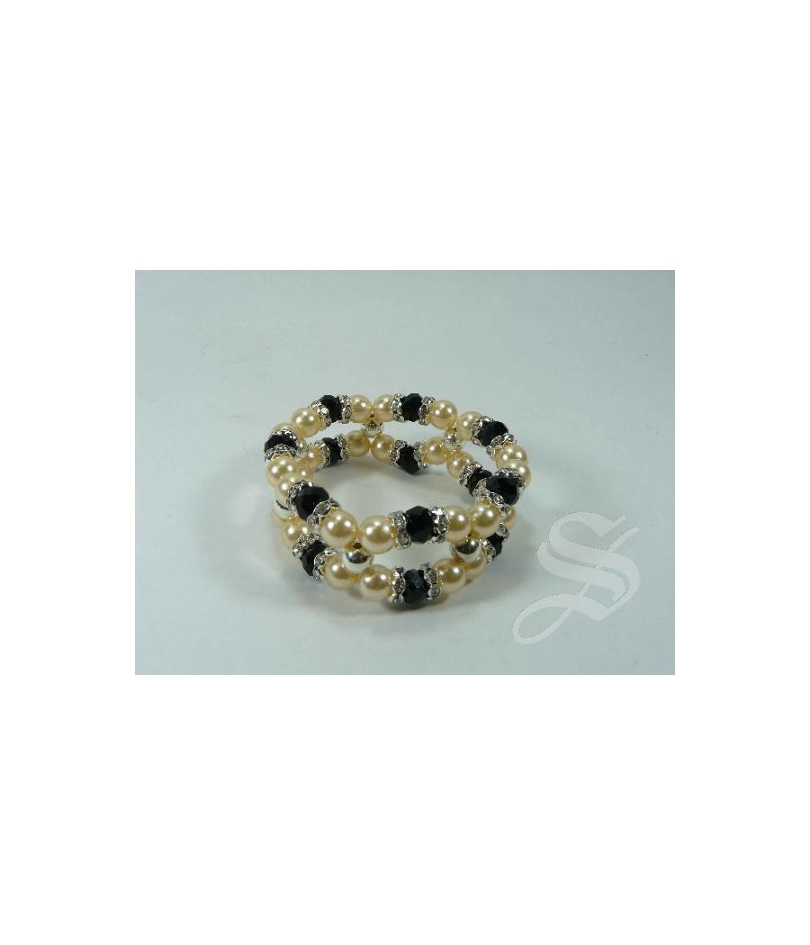 PULSERA PIEDRAS NEGRAS Y PERLAS DOBLE ELASTICA