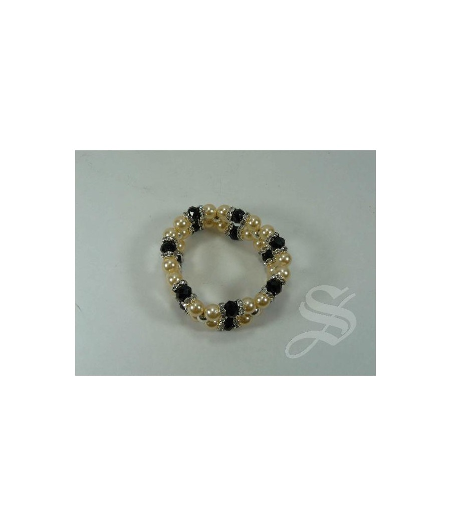 PULSERA PIEDRAS NEGRAS Y PERLAS DOBLE ELASTICA