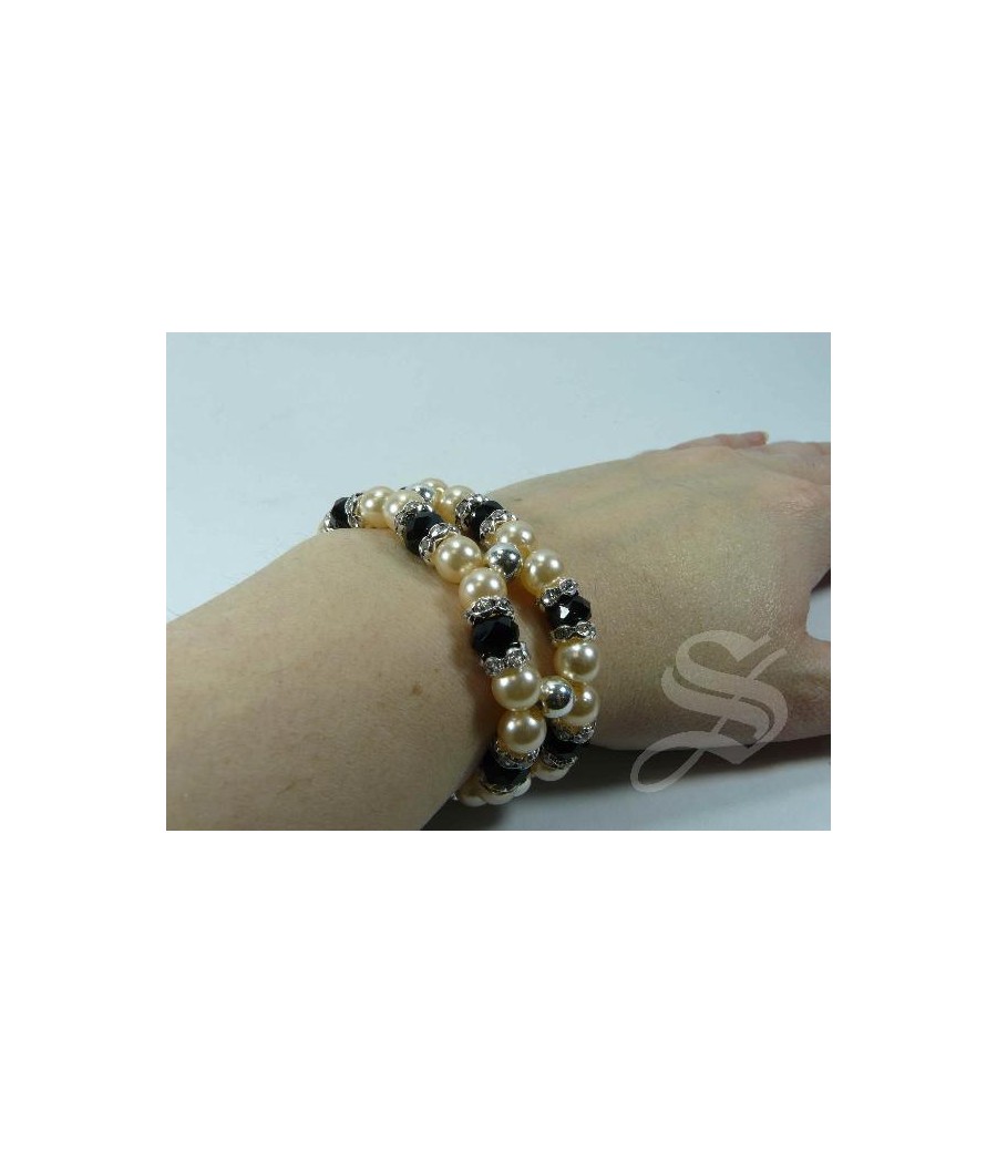 PULSERA PIEDRAS NEGRAS Y PERLAS DOBLE ELASTICA