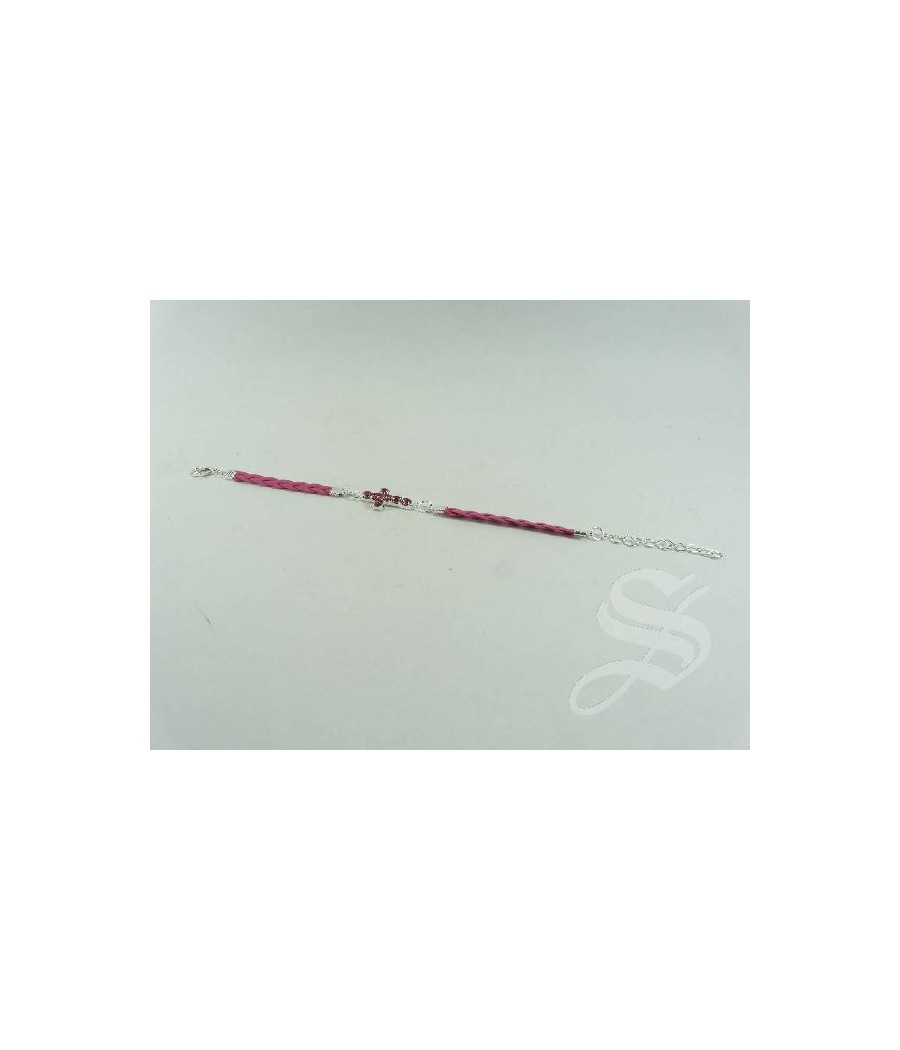 PULSERA ROSA IMIT. PIEL CRUZ PIEDRAS