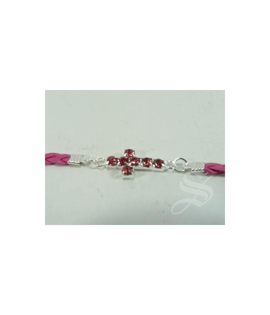 PULSERA ROSA IMIT. PIEL CRUZ PIEDRAS