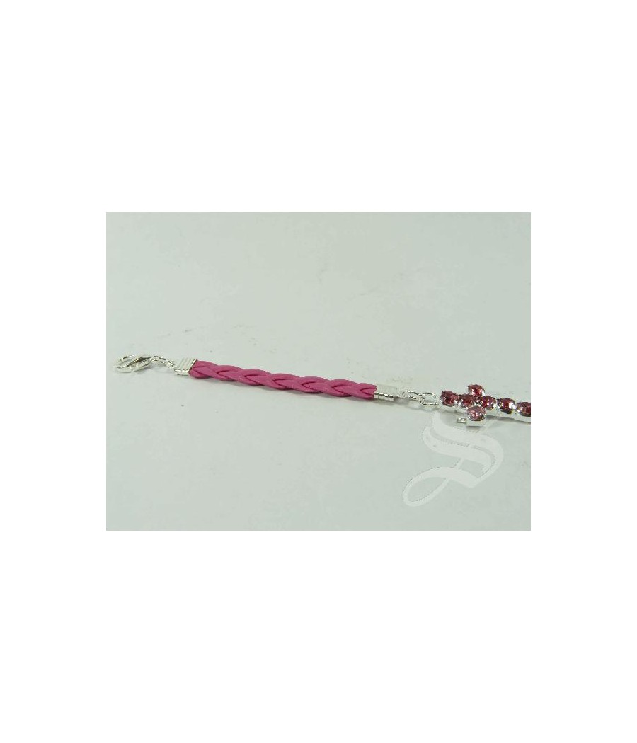 PULSERA ROSA IMIT. PIEL CRUZ PIEDRAS