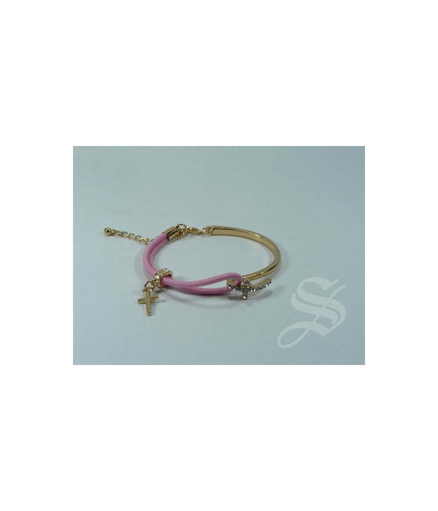 PULSERA ROSA SEMI-RIGIDA ELASTICA CON CRUZ