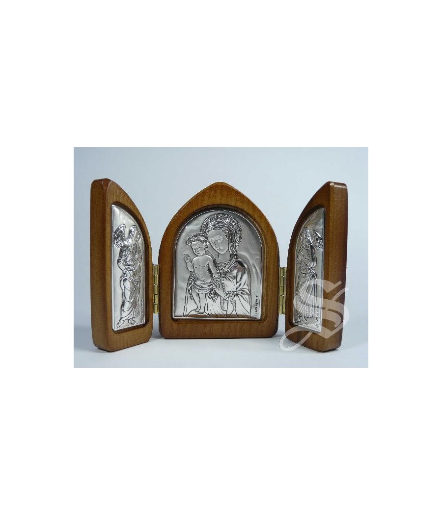 TRIPTICO CAPILLA MADERA Y PLATA VIRGEN BIZANTINA CON NIÑO 13 X 8