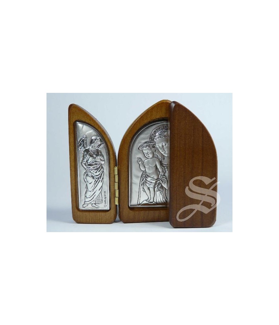 TRIPTICO CAPILLA MADERA Y PLATA VIRGEN BIZANTINA CON NIÑO 13 X 8