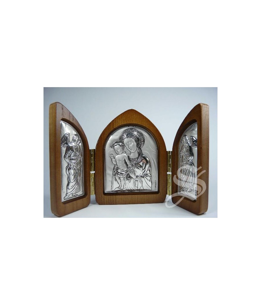 TRIPTICO CAPILLA MADERA Y PLATA VIRGEN BIZANTINA CON NIÑO 17 * 11 CM.