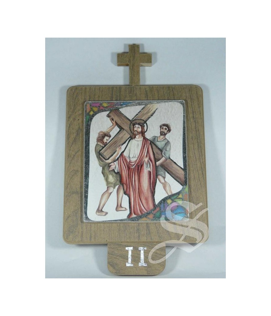 VIA CRUCIS EN MADERA 16 X 26 CON HOJA IMITACION PLATA 15 ESTACIONES