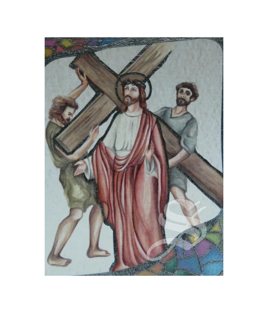 VIA CRUCIS EN MADERA 16 X 26 CON HOJA IMITACION PLATA 15 ESTACIONES