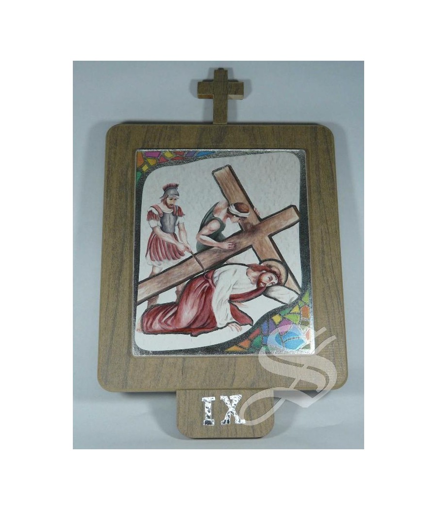 VIA CRUCIS EN MADERA 16 X 26 CON HOJA IMITACION PLATA 15 ESTACIONES