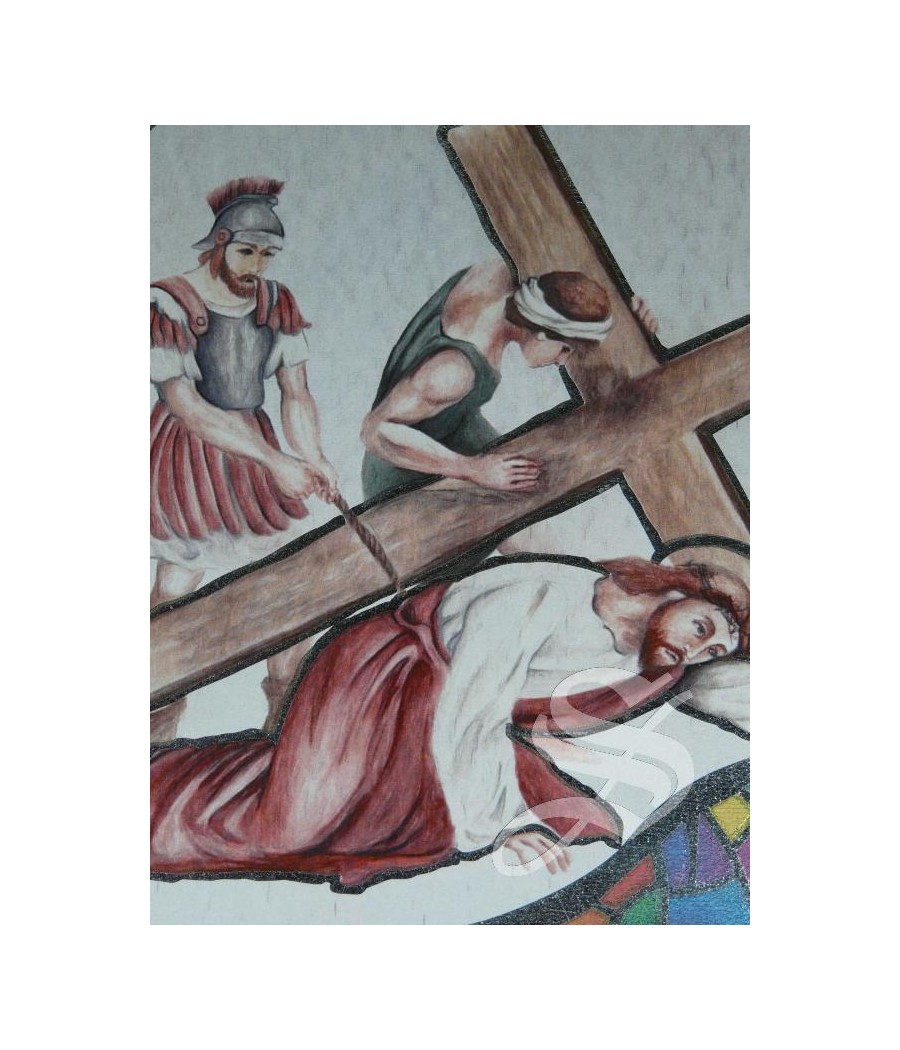 VIA CRUCIS EN MADERA 16 X 26 CON HOJA IMITACION PLATA 15 ESTACIONES