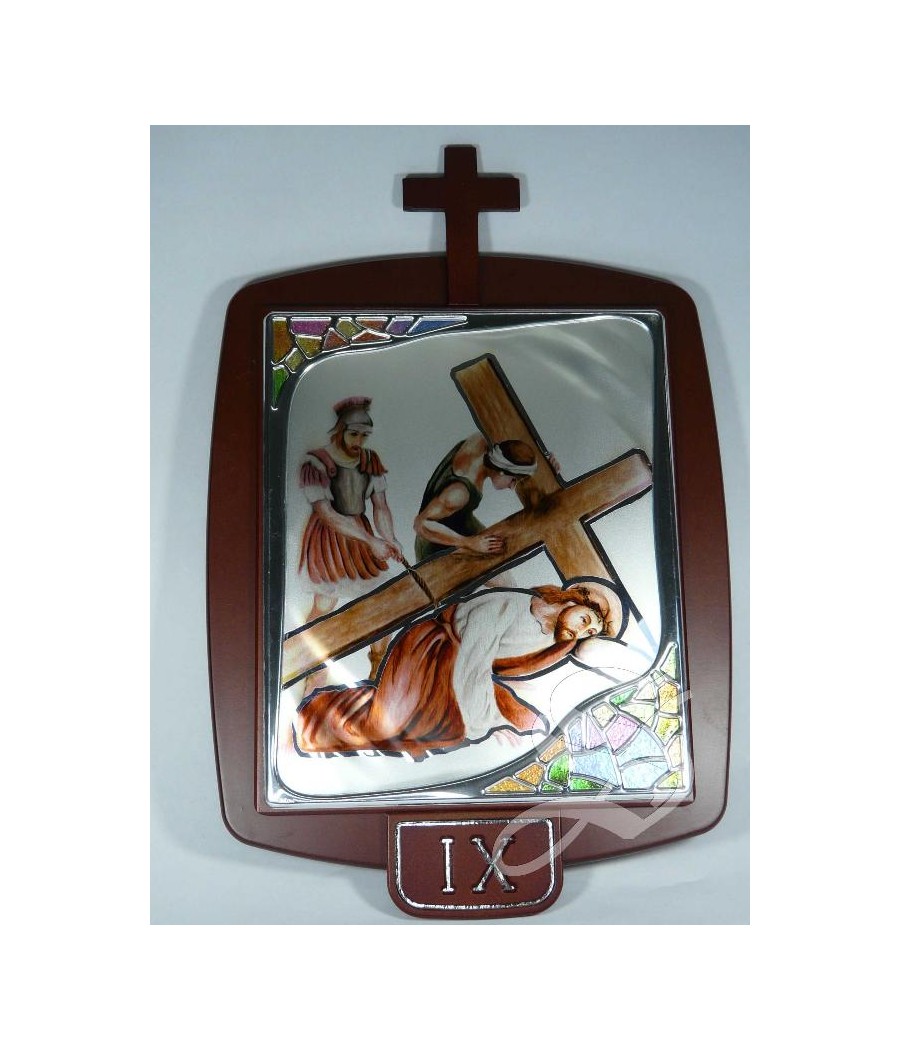 VIA CRUCIS EN MADERA 17,5 X 21 CON PLACA DE PLATA COLOREADA 15 ESTACIONES