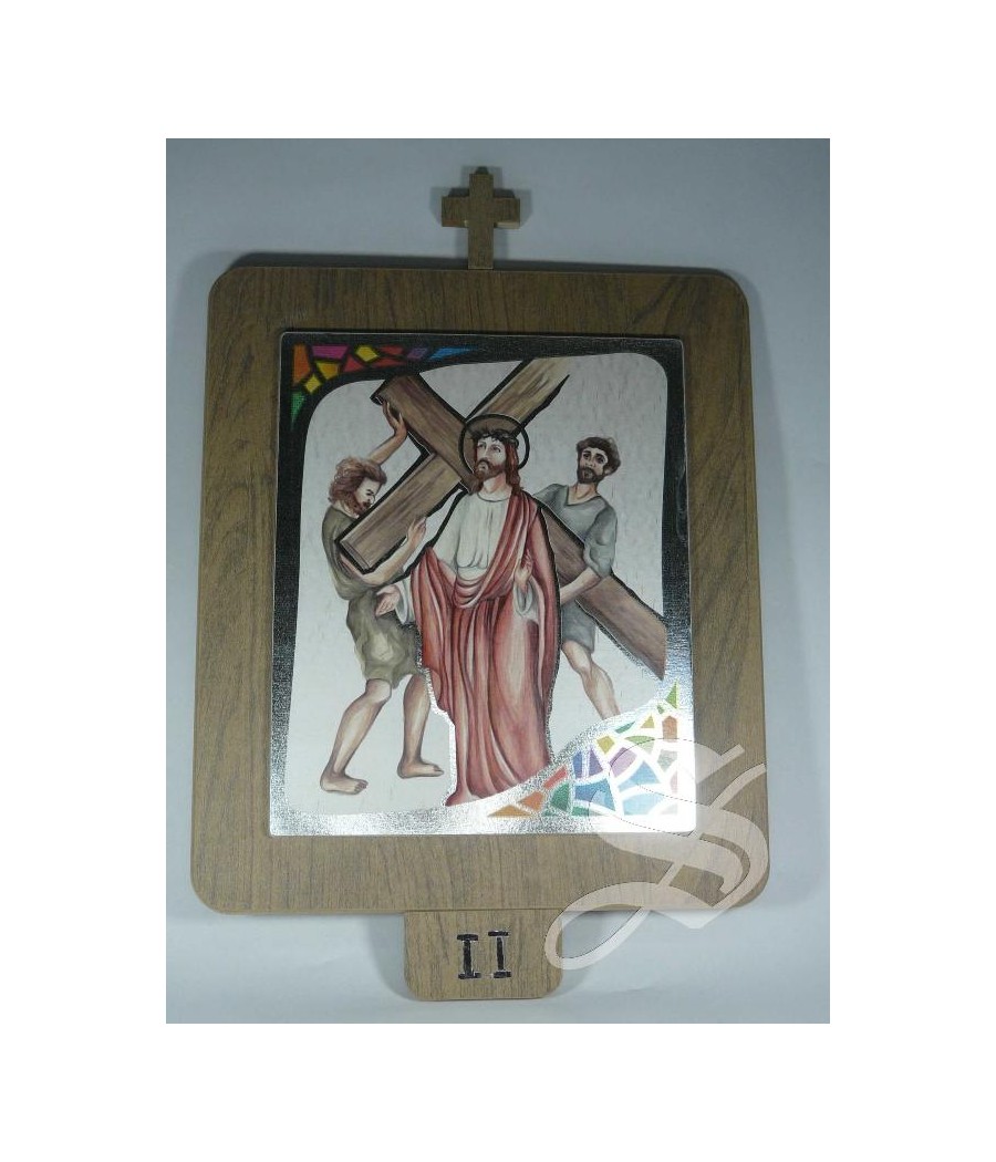 VIA CRUCIS EN MADERA 20 X 35 CON HOJA IMITACION PLATA 15 ESTACIONES