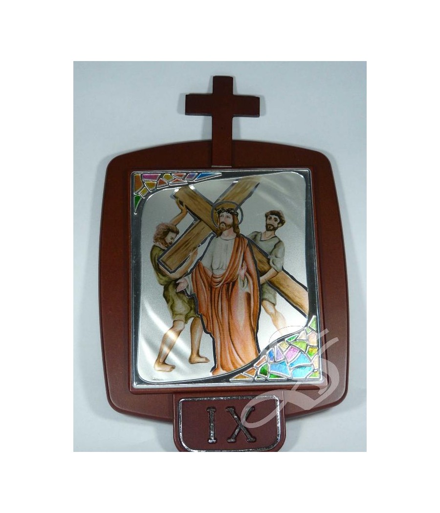 VIA CRUCIS EN MADERA 24 X 28 CON PLACA DE PLATA COLOREADA 15 ESTACIONES