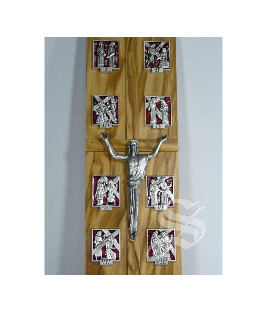 VIA CRUCIS OLIVO CON CRISTO Y ESTACIONES CON ESMALTE 32 X 7