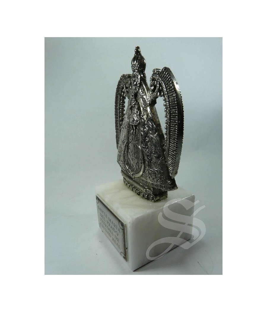 VIRGEN DEL PRADO METAL 12,5 X 9 CM. PEANA MARMOL BLANCA 5 CM. TOTAL ALTURA 17,5 CM.