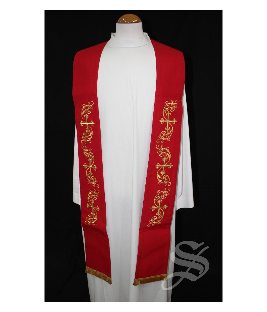 ESTOLA 705 BORDADA CRUCES Y HOJAS DORADAS ROJA