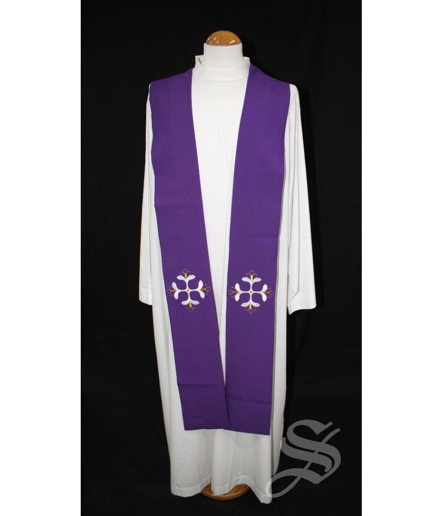 ESTOLA 846 MORADA CRUZ HOJAS EN BLANCO Y MORADO
