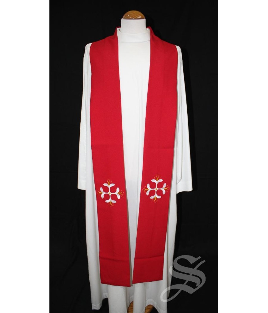 ESTOLA 846 ROJA CRUZ HOJAS EN BLANCO Y DORADO