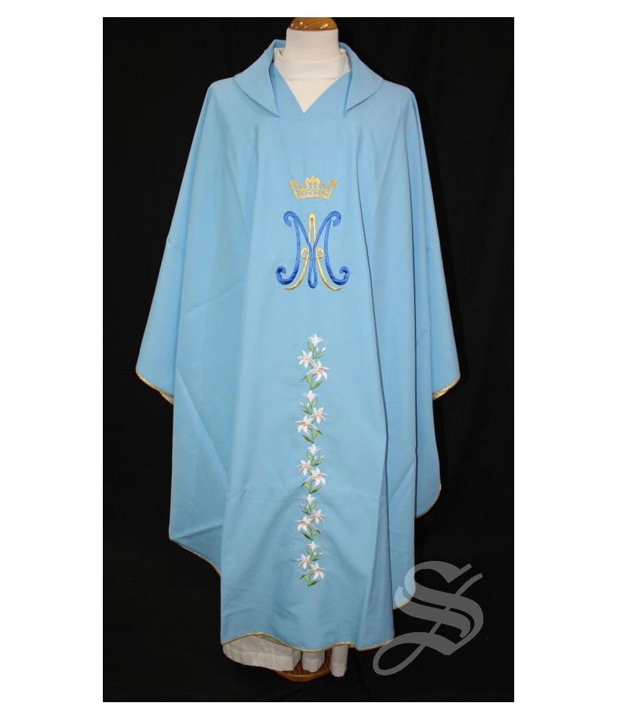 CASULLA MARIANA 714 AZUL AZUCENAS Y MARIA CORONA DORADA