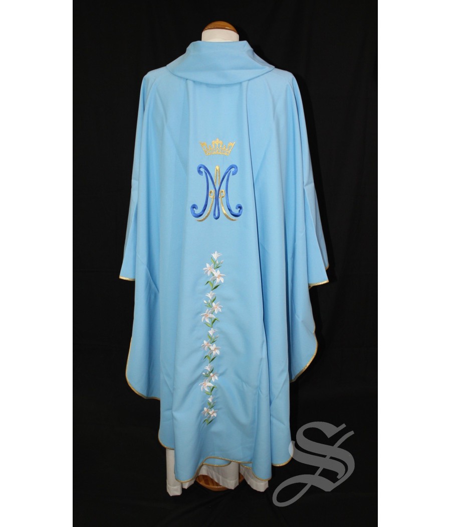 CASULLA MARIANA 714 AZUL AZUCENAS Y MARIA CORONA DORADA