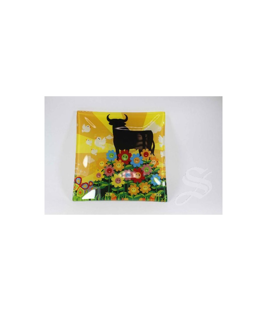 PLATO CRISTAL TORO CON FLORES 15 X 15