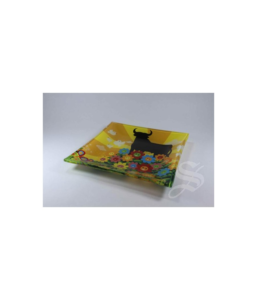 PLATO CRISTAL TORO CON FLORES 15 X 15