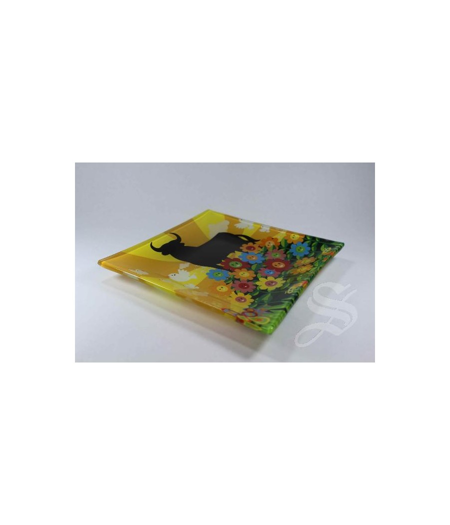 PLATO CRISTAL TORO CON FLORES 15 X 15