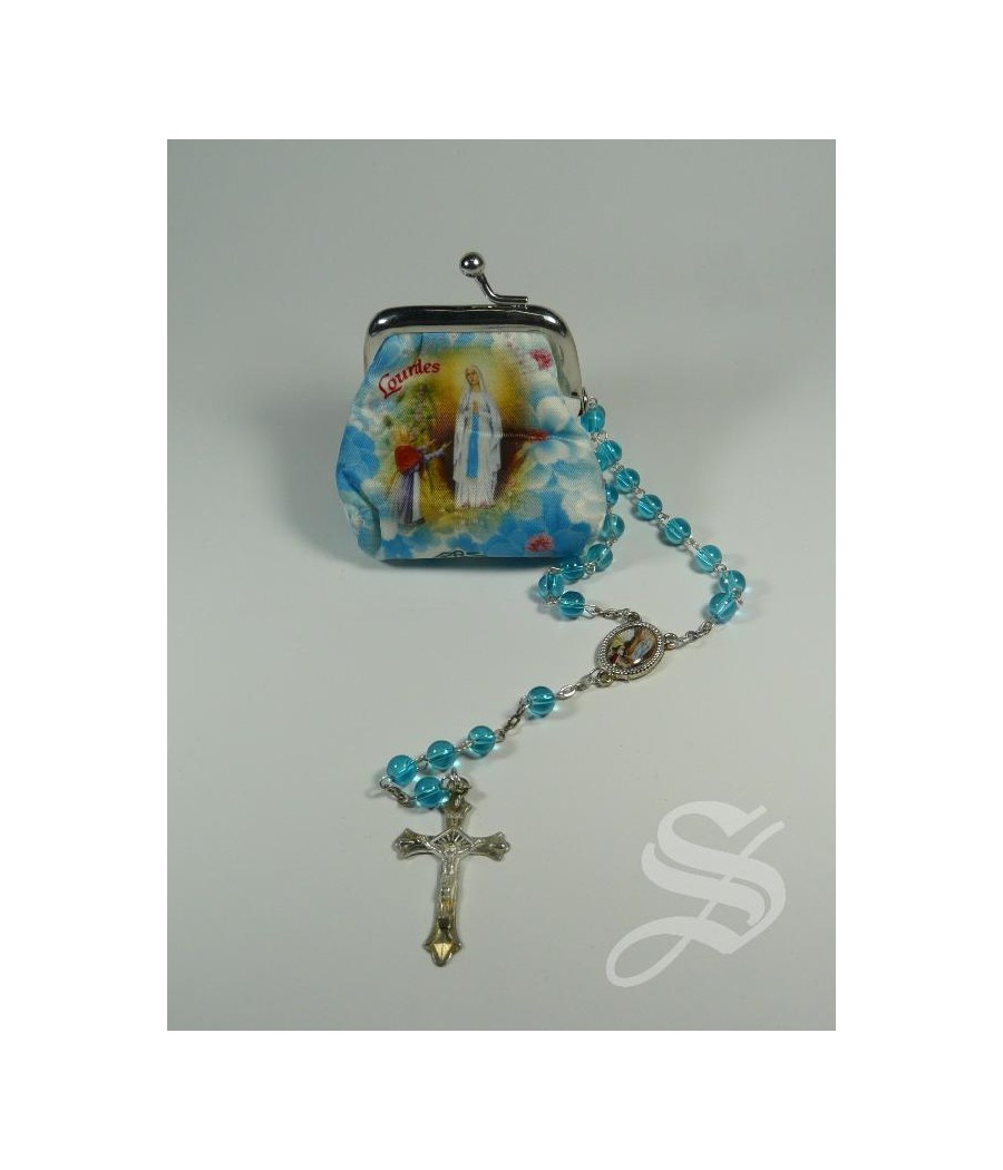 ROSARIERA TELA VIRGEN DE LOURDES CON ROSARIO CRISTAL