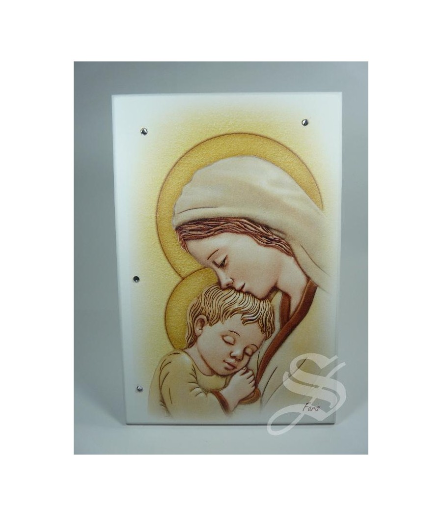CUADRITO DE MADERA 15 X 22,5 CM. VIRGEN CON NIÑO ESTAMPADA Y STRASS